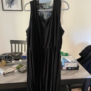 Floor length dress in all black with mesh back